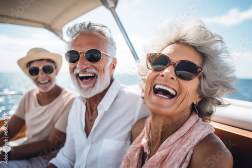 Active senior people enjoying sailing on boat in the sea, displaying joy, embodying a healthy, retired lifestyle. Happy retired couple on summer holidays