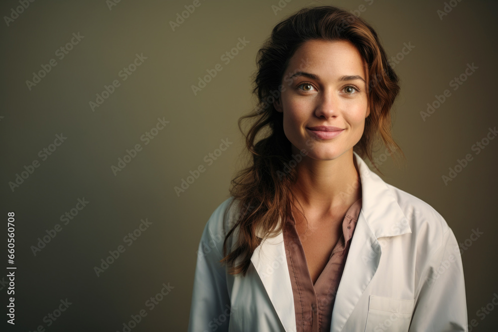 Friendly Female Physician: Young Caucasian Doctor with Expertise, Standing Thoughtfully in Clinic Friendly Female Physician: Young Caucasian Doctor with Expertise, Standing Thoughtfully in Clinic