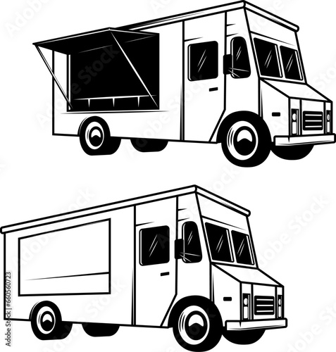 Illustration of an food truck. Design element for emblem, sign, badge. Vector illustration