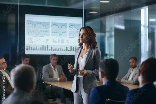 Confident businesswoman presents her business project 