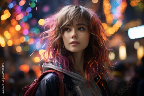 Portrait of woman with colorful messy hair stands on a busy street in a metropolis