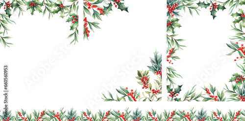 Сollection of Christmas frames with green and red winter branches