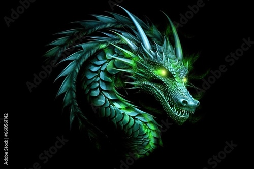 abstraction of a green dragon on a dark background, for design, symbol of the year 2024 © Irina