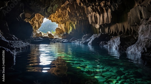 Underwater photo in a cave with very clear sea water photo