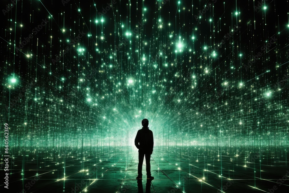 A person in a digital world. He is standing surrounded buy glowing lights. A person in a digital world. He is standing surrounded buy glowing lights.