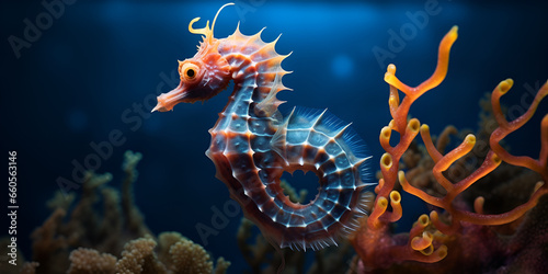little seahorse in underwater with blue blur background