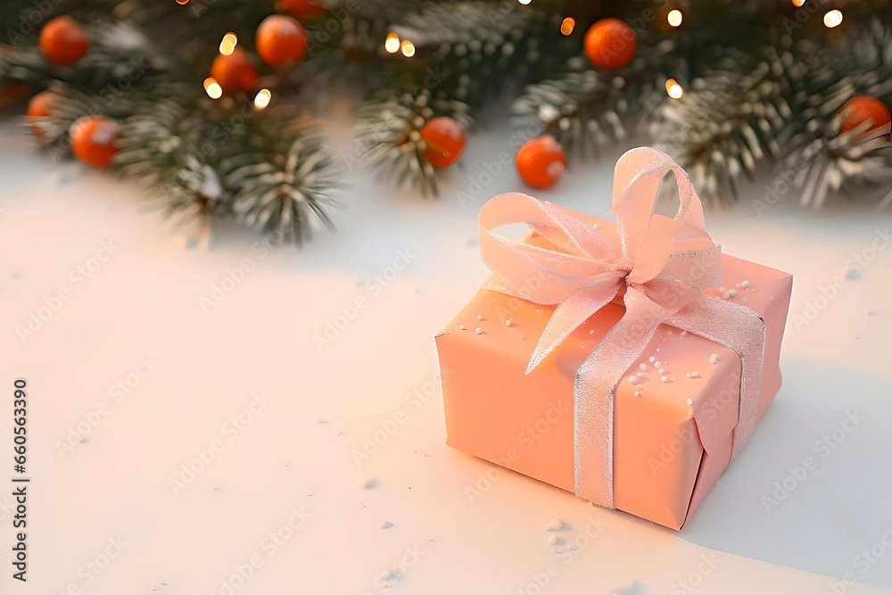 Christmas gift box and pine cones and branches on the background on white background, Pink gift box