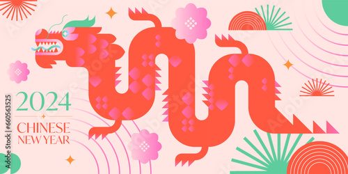 Year of the dragon 2024.Chinese New Year greeting banner template.Festive vector background in flat modern style with geometric symbols.Holidays design for branding,invitations,prints,social media