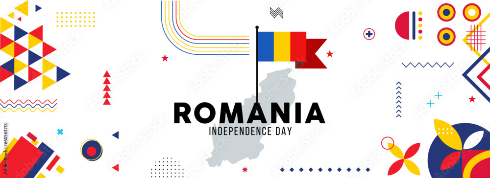 Map and flag of romania national or independance day banner. flag colors theme background and geometric abstract retro modern colorfull design - obrazy, fototapety, plakaty 