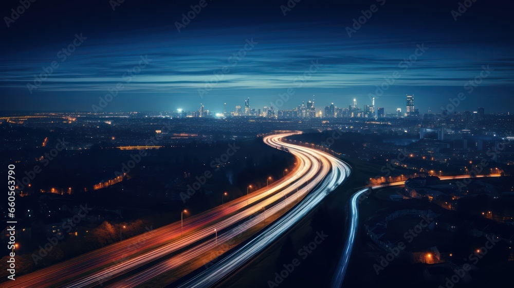 Night highway view with neon lights top view