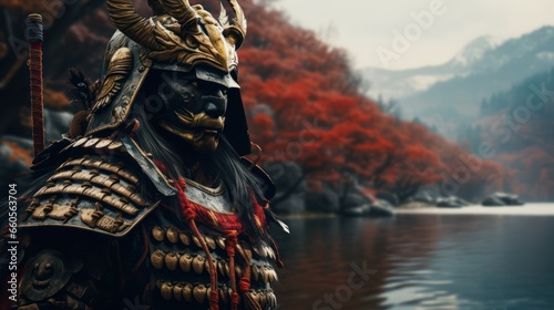 Samurai in armor against the backdrop of mountains and rivers
 photo