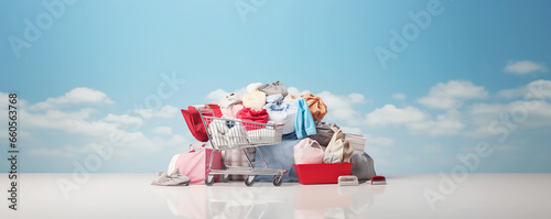 Shopping cart with shopping items against the blue sky. Light background. No people. Banner concept for web store design, sale, clothing. Place for text, copy space photo