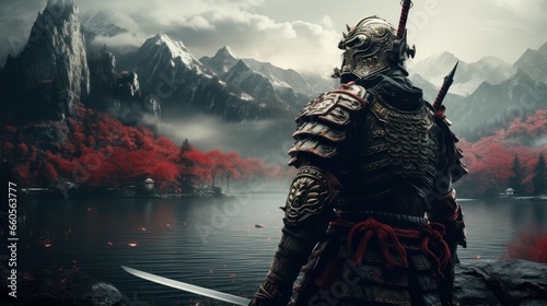 Samurai in armor against the backdrop of mountains and rivers 