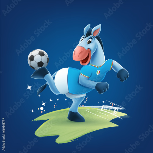 donkey mascot dribbles with soccer ball in the stadium