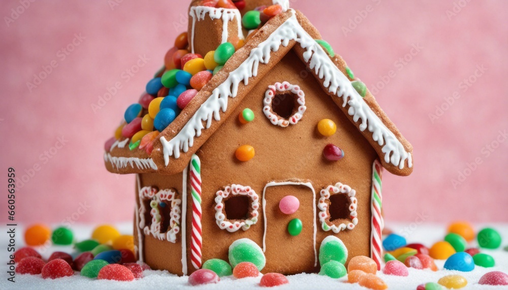 A gingerbread house with colorful candies, leaving room above for a festive message.