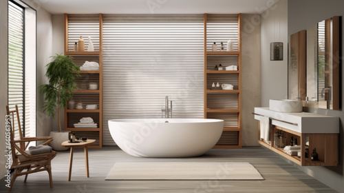 Bathroom with a freestanding tub and a glass-tiled shower and an illuminated vanity