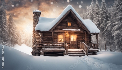 A cozy winter cabin covered in snow, with a signpost inviting travelers to 'Experience the Magic of Winter' below.
