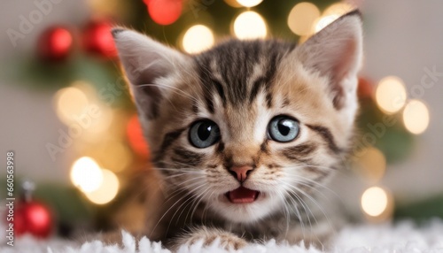 a mischievous kitten at a holiday, leaving a [Blank Space] for a playful caption.