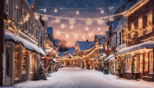 A picturesque small town covered in snow, with charming storefronts adorned in holiday lights.