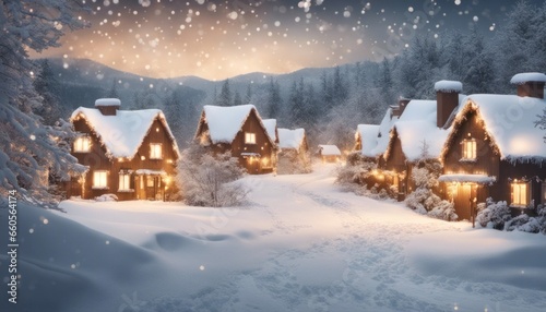 an enchanting winter wonderland scene with a snow-covered village, twinkling lights, and a [Blank Space] for adding text or wishes.