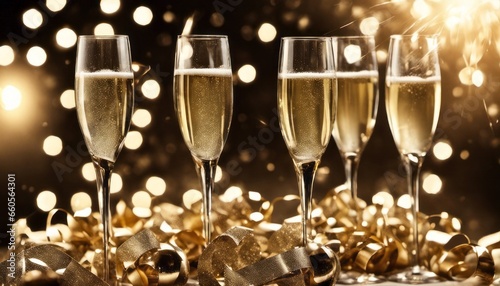 A glamorous New Year's Eve party champagne glasses for a midnight toast.
