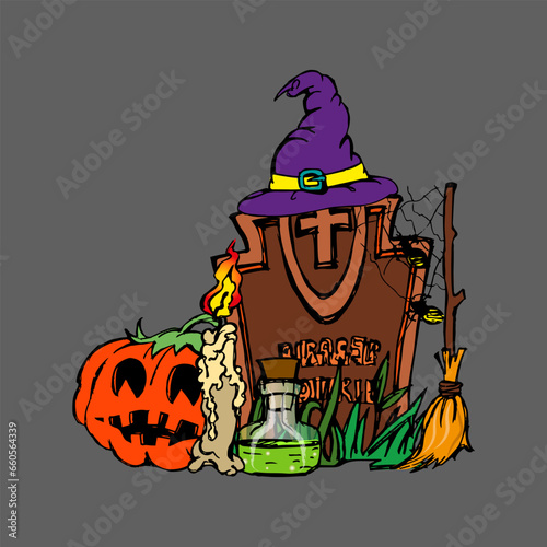 Composition for Halloween. Grave, pumpkin, broom, witch hat, cobweb, candle and poison. Sketch. Emblem, icon, symbol, sign. Vector illustration