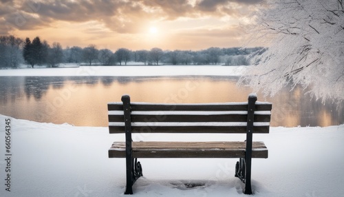 A snowy park bench overlooking a frozen lake, perfect for adding a 'Winter Peace' message below the bench. © Max