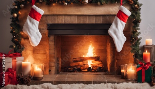 the essence of a cozy holiday evening with a warm fireplace, stockings, and [Blank Space] for a caption or greeting.