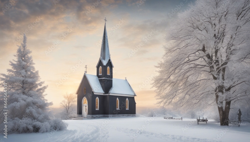 Create a serene image of a snowy landscape with a peaceful church adorned in Christmas [Blank Space] for adding text or a message