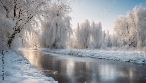A beautiful winter landscape with snow-covered trees and a frozen river.