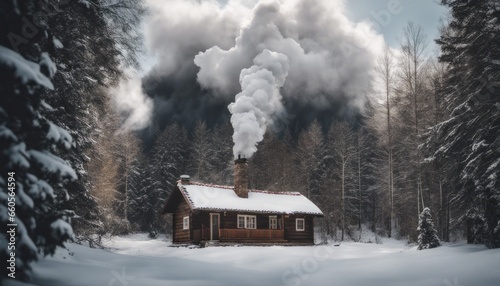 A cozy cabin in the woods with a snow-covered roof and smoke rising from the chimney.