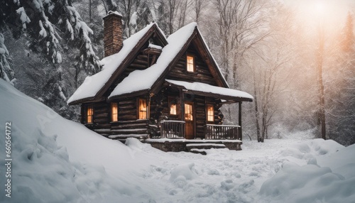 A cozy winter cabin covered in snow, with a signpost inviting travelers to 'Experience the Magic of Winter' below.