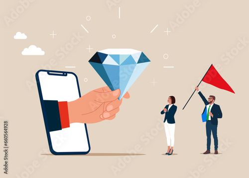 Quality. Hand salesman out of phone with precious high value diamond. Flat vector illustration