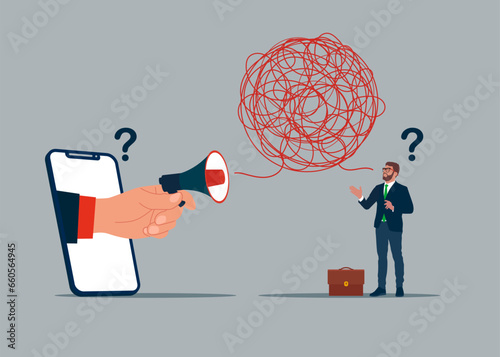 Businessman with phone have troubles with understanding each other. Miscommunicate unclear information. Flat vector illustration
