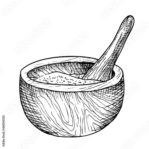 Wooden Mortar and Pestle. Vector hand drawn black illustration of Bowl for Spa therapy and alternative medicine design on isolated white background. Drawing of object for alchemy or aroma therapy.