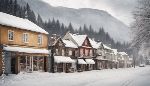 A snow-covered village with blank storefront signs for adding custom shop names or slogans.