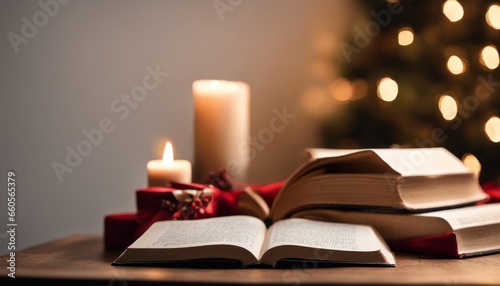 A cozy holiday reading nook with an open book on a table and a blank wall for adding a 'Holiday Reading List.'