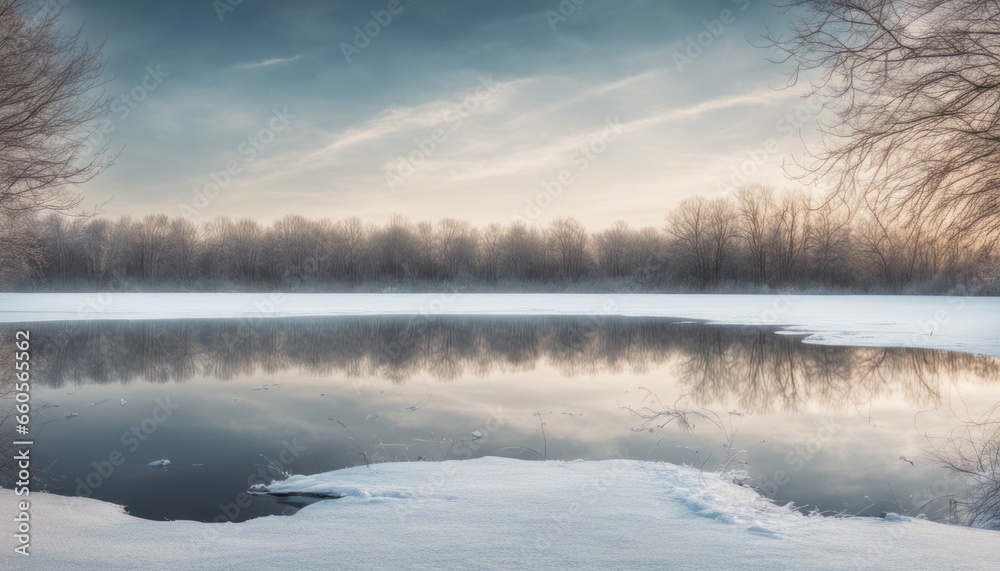 A serene winter landscape with a frozen lake and open sky space for an introspective quote or message. A serene winter landscape with a frozen lake and open sky space for an introspective quote or message.