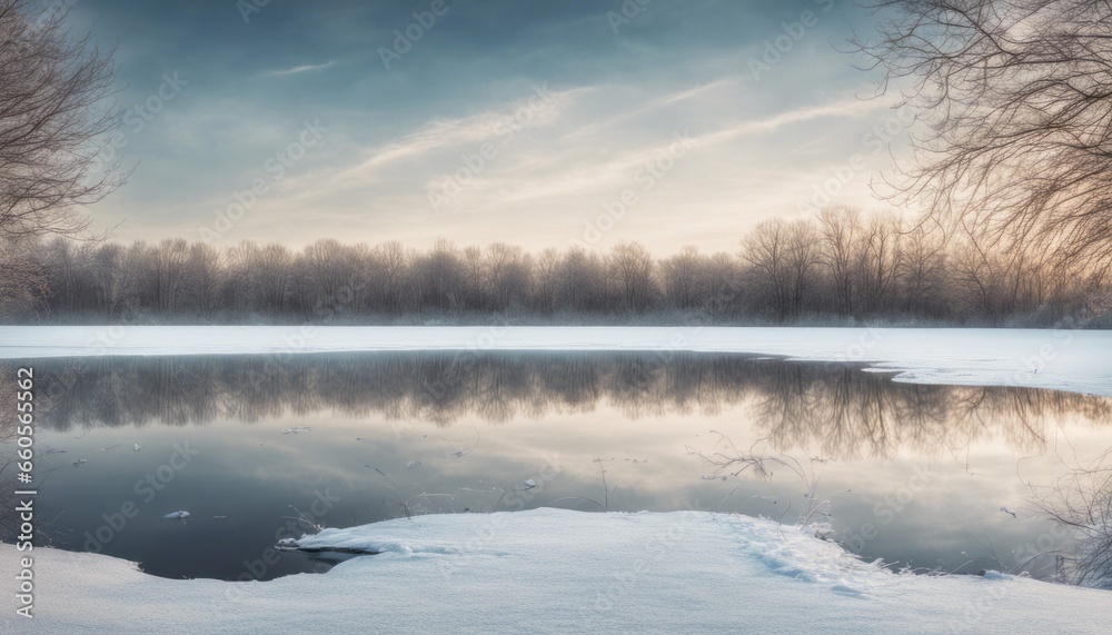 A serene winter landscape with a frozen lake and open sky space for an introspective quote or message.