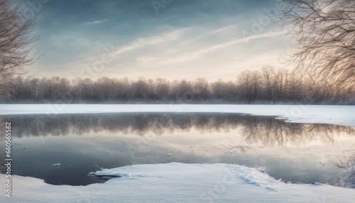 A serene winter landscape with a frozen lake and open sky space for an introspective quote or message. © Max
