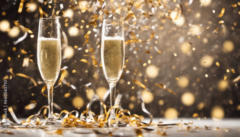 Confetti and champagne on New Year's Eve, with room for event information on banners or above Confetti and champagne on New Year's Eve, with room for event information on banners or above