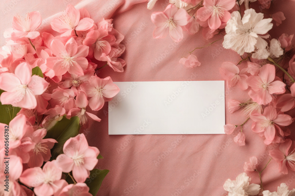 White clothing tag or label in the center of cherry blossom branches on pink fabric. Free space for product placement or advertising text.