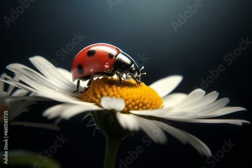 A ladybug on a daisy with a dark and blurred background. Generative AI
