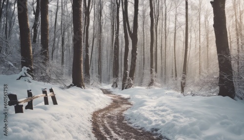 A snowy forest path with blank signposts along the trail, ideal for inserting motivational or holiday-themed text © Max
