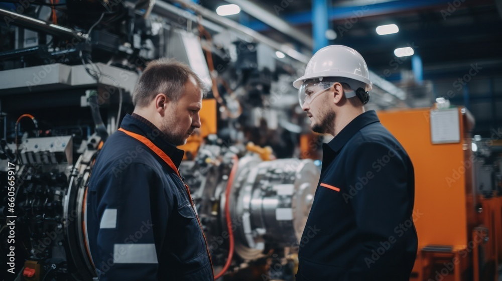 Engineers and factory managers wearing safety helmet inspect the machines in the production. inspector opened the machine to test the system to meet the standard. machine, maintenance Engineers and factory managers wearing safety helmet inspect the machines in the production. inspector opened the machine to test the system to meet the standard. machine, maintenance