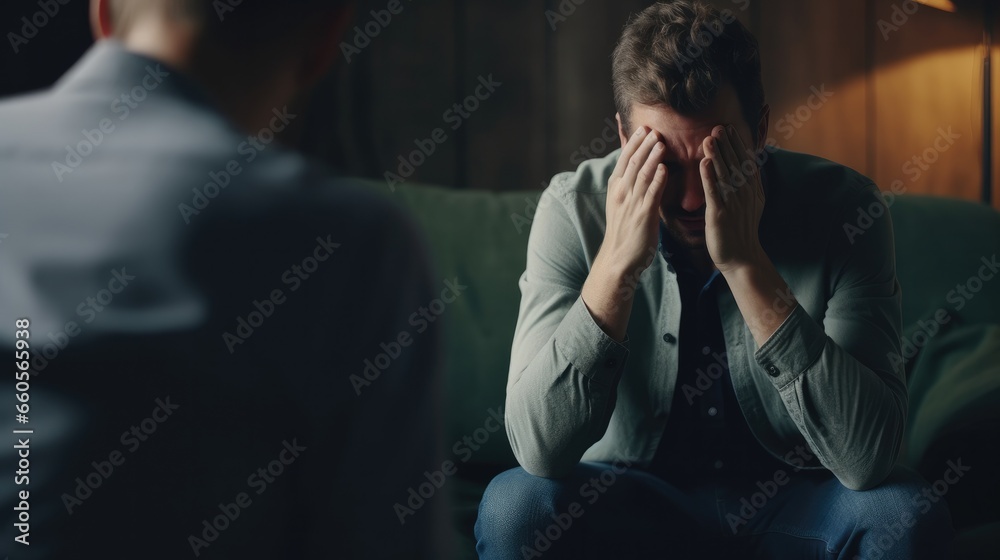 man with mental health problems is consulting. psychiatrist is recording the patient's condition for treatment. encouragement, love and family problem, bipolar , depression patient, protect suicide man with mental health problems is consulting. psychiatrist is recording the patient's condition for treatment. encouragement, love and family problem, bipolar , depression patient, protect suicide