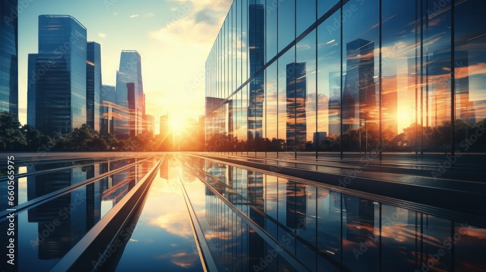 Modern office building or business center. High-rise window buildings made of glass reflect the clouds and the sunlight. empty street outside wall modernity civilization. growing up business Modern office building or business center. High-rise window buildings made of glass reflect the clouds and the sunlight. empty street outside wall modernity civilization. growing up business