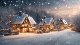 An enchanting winter wonderland scene with a snow-covered village, twinkling lights, and a [Blank Space] for adding text or wishe