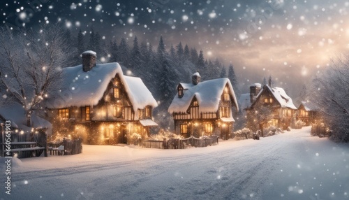 An enchanting winter wonderland scene with a snow-covered village, twinkling lights, and a [Blank Space] for adding text or wishe