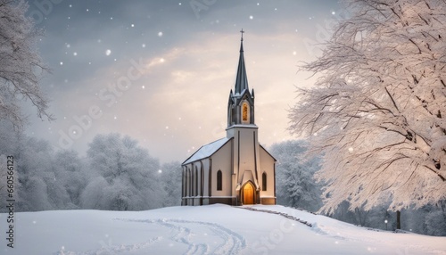 A serene image of a snowy landscape with a peaceful church adorned in Christmas [Blank Space] for adding text or a message photo